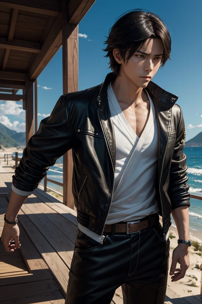 8k,Ara wearing a leather jacket stands on the beach々nice man々new image, handsome prince(like the real thing),Jacen Solo, by ヤン・J, Inspired by Raymond Han, Demon Slayer: Kimetsu no Yaiba Art Handsome Man, Caleb resigns from important position, handsome anime pose, Inspired by Adam Dalio Kiel, beautiful androgynous prince, Makoto Shinkai ( apex legend ), inspired by Han Gan,masterpiece,Photorealistic RAW photos of the highest quality。bright colors,rich colors, Backlight, cinematic lighting, film grain, to be born, 50mm lens, Nikon D850,realistic skin,detailed character art,ultra high resolution,realistic skin,mountain path,comical pose,Sad prince,cheerful man,