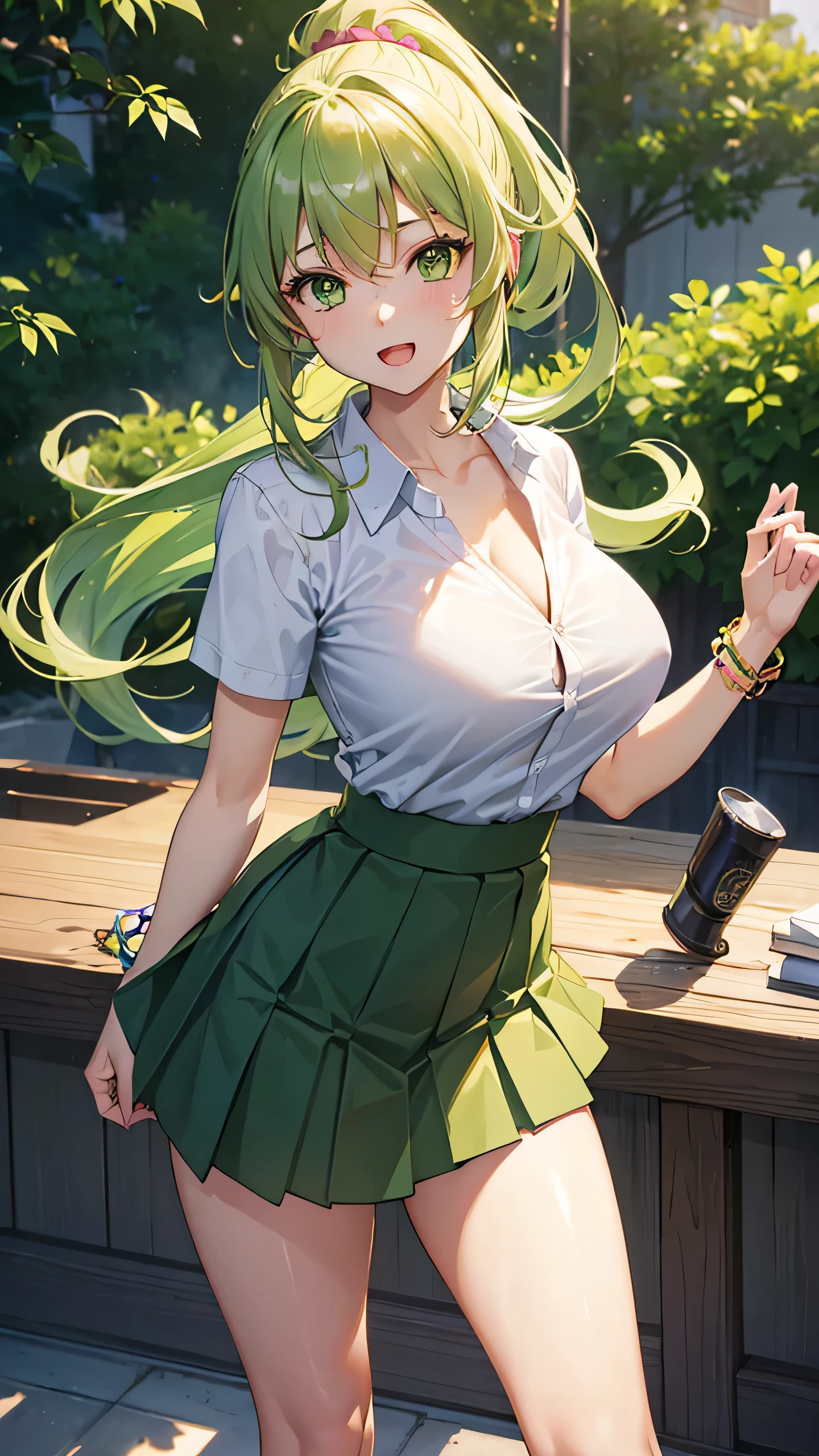 Yukana Yame, Yukana Yame, long hair, bangs, blonde hair, hair between eyes, (green eyes:1.5), ponytail, colorful hair, Scrunchie, High ponytail, Lipstick, gal, Kogal, compensate,break skirt, shirt, jewelry, , clavicle, white shirt, pleated skirt, collared shirt, mini skirt, bracelet, green skirt,naughty big breasts、big and full breasts、break looking at viewer, whole body,break (table top:1.2), highest quality, High resolution, unity 8k wallpaper, (figure:0.8), (beautiful and fine eyes:1.6), highly detailed face, perfect lighting, Highly detailed CG, (perfect hands, perfect anatomy),smile with open mouth、(skirt lift:1.3), (panties:1.3)、(skirt that rolls up:1.3)、(fully exposed panties:1.5)、outdoor、outside the house、Arms crossed in front of you,hanging a bag from one's shoulder