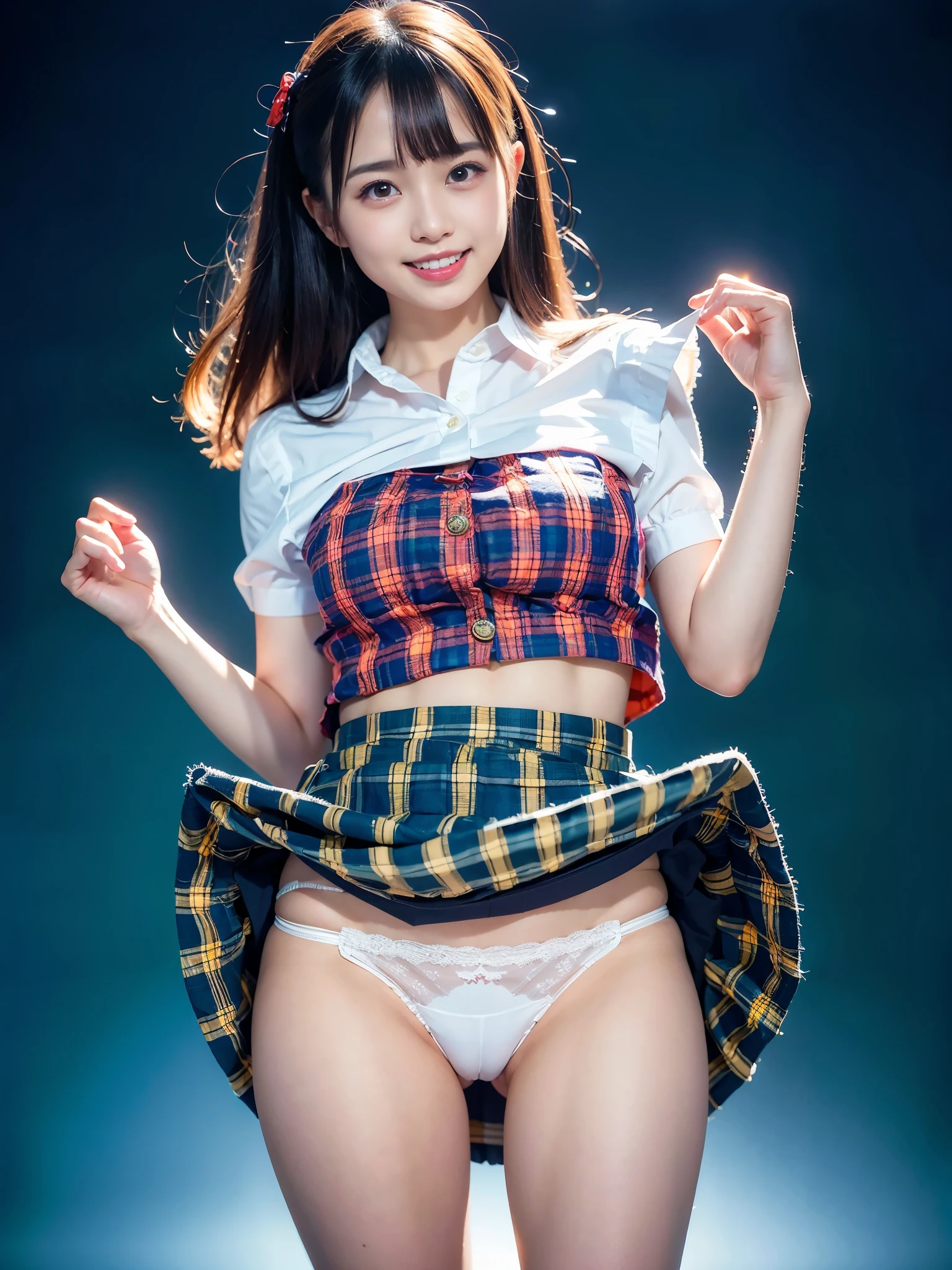 Very detailed、masterpiece、Highest quality、Ultra-high resolution、8K high resolution、Photogenic transparency、Detailed eyes、Gradation、Perfect anatomical figure ,hard disk、Hmph , Nikon Z9 80mm Lens 、Tabletop、Model standing、alone、One Woman、Neon city at night、(((Colorful tartan checked flared skirt on a white background)))、(((The skirt is definitely worn..)))、(((Raise the hem of a skirt)))、Panty Focus、Too bright natural light、sunlight、Detailed lace panty pattern、Plain white lace panties、(((Standing up and flipping up the skirt、Show your panties to the camera)))、(((Beautifully straightened white teeth)))、(((Raise your skirt higher and higher,、Show your panties to the camera)))、Super slim body with G-cup bust、Slim model body type、Beautiful posture、