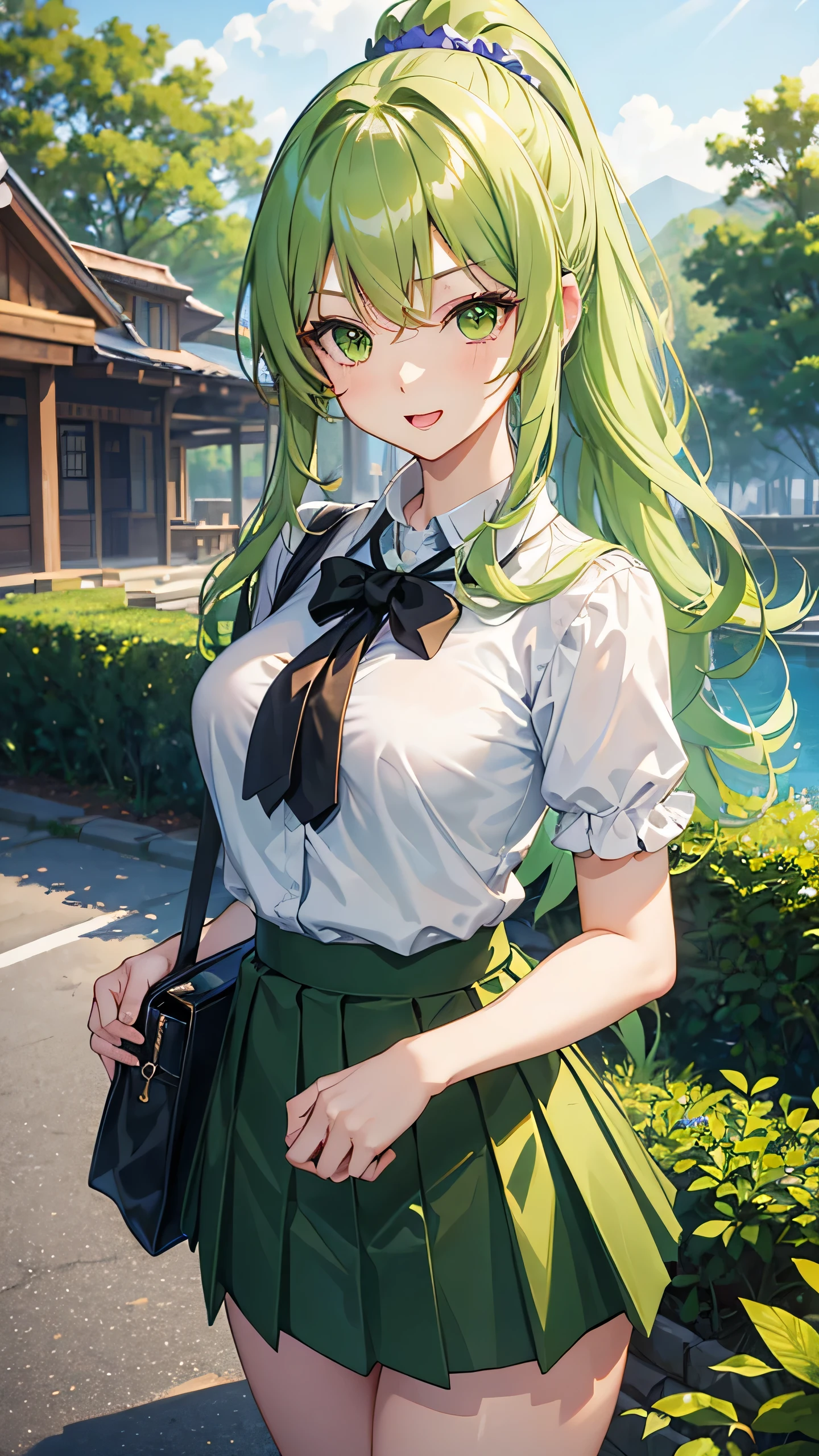 Yukana Yame, Yukana Yame, long hair, bangs, blonde hair, hair between eyes, (green eyes:1.5), ponytail, colorful hair, Scrunchie, High ponytail, Lipstick, gal, Kogal, compensate,break skirt, shirt, jewelry, , clavicle, white shirt, pleated skirt, collared shirt, mini skirt, bracelet, green skirt,naughty big breasts、big and full breasts、break looking at viewer, whole body,break (table top:1.2), highest quality, High resolution, unity 8k wallpaper, (figure:0.8), (beautiful and fine eyes:1.6), highly detailed face, perfect lighting, Highly detailed CG, (perfect hands, perfect anatomy),smile with open mouth、(skirt lift:1.3), (panties:1.3)、(skirt that rolls up:1.3)、(fully exposed panties:1.5)、outdoor、outside the house、Arms crossed in front of you,hanging a bag from one's shoulder