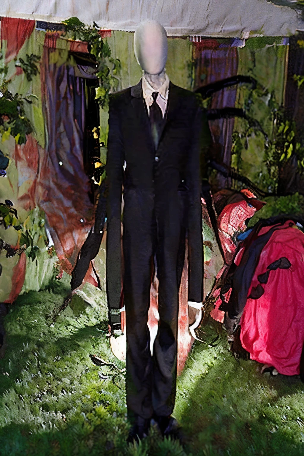 Realistic depiction of Slenderman, creepy, horrifying, scary, Lovecraftian, outside, on a grassy hill