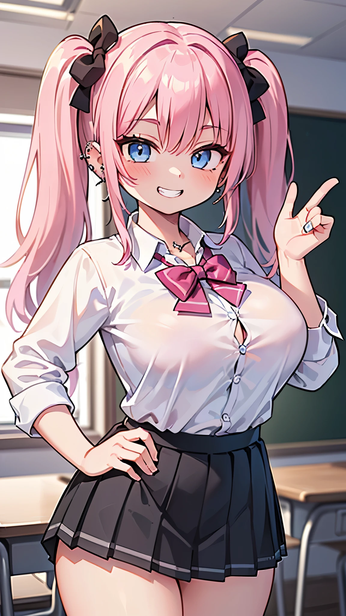 ((masterpiece、Highest quality、Super detailed)、((One girl))、((Pink Hair))、((Twin tails))、((Light blue eyes))、evil smile、((Grin))、((lots of piercings))、((Very large breasts))、((White shirt))、A bow tie、((Black pleated skirt))、((micro miniskirt))、Cowboy Shot、Classroom Background