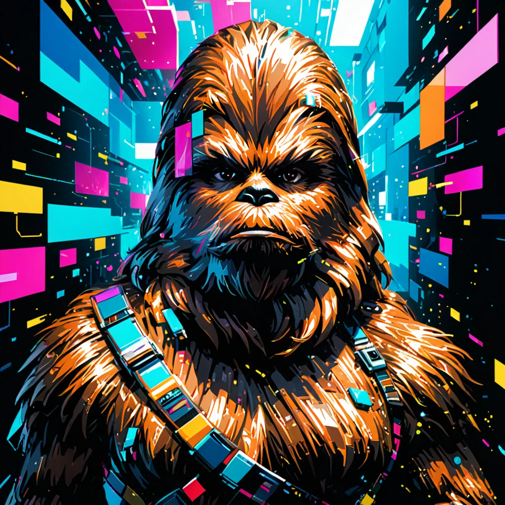 a captivating and thought-provoking digital art masterpiece by sabrina smelko and miguel chevalier, iconic character chewbacca, 3d render, abstract glitch art style, fragmented and pixelated imagery, creative contributions of ira world, rosa menkman, and daniel temkin, striking visual experience, poster, illustration, (best quality,4k,8k,highres,masterpiece:1.2),ultra-detailed,(realistic,photorealistic,photo-realistic:1.37),HDR,UHD,studio lighting,ultra-fine painting,sharp focus,physically-based rendering,extreme detail description,professional,vivid colors,bokeh