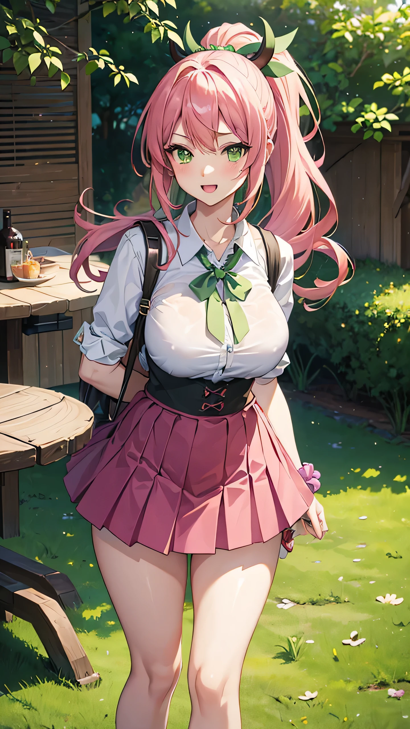 Mitsuri (Demon Slayer), long hair, bangs, pink hair, hair between eyes, (green eyes:1.5), ponytail, multicolored hair, Scrunchie, High ponytail, Lipstick, gal, Kogal, compensate,break skirt, shirt, jewelry, , clavicle, white shirt, pleated skirt, collared shirt, mini skirt, bracelet, green skirt,naughty big breasts、big and full breasts、break looking at viewer, whole body,break (table top:1.2), highest quality, High resolution, unity 8k wallpaper, (figure:0.8), (beautiful and fine eyes:1.6), highly detailed face, perfect lighting, Highly detailed CG, (perfect hands, perfect anatomy),smile with open mouth、(skirt lift:1.3), (panties:1.3)、(skirt that rolls up:1.3)、(fully exposed panties:1.5)、outdoor、outside the house、Arms crossed in front of you,hanging a bag from one's shoulder