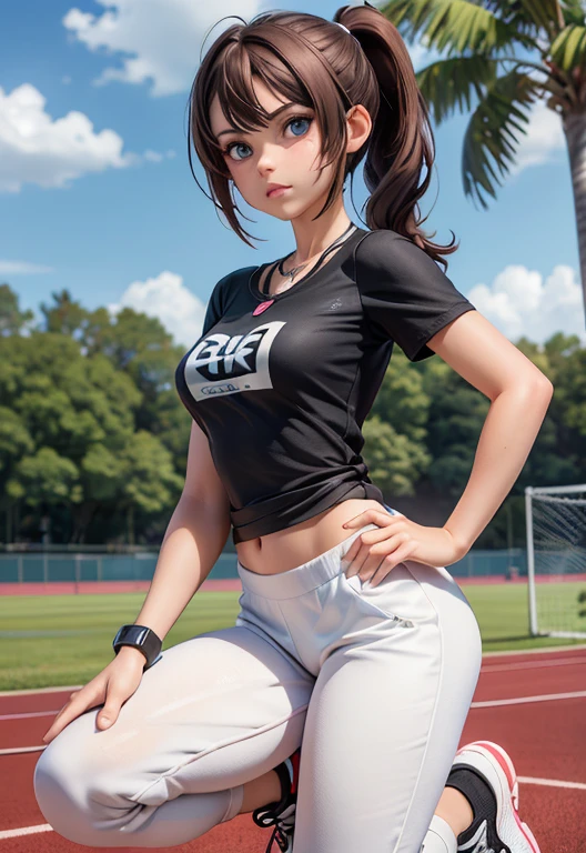 Masterpiece, high resolution, high quality, intricate details, anime girl, full body portrait, front view, 1girl, solo, 36 year old woman, attractive woman, mature face, mature beauty, brown hair, short ponytail, blue eyes, athletic body, medium breasts, curvy hips, arrogant smile, ((Wearing: White Gym T-shirt, Black Gym sweat pants, whistle necklace and black tennis shoes)), standing, hands on hips, looking at viewer, (Background: outdoors, school track field, blue sky, clouds in the sky),