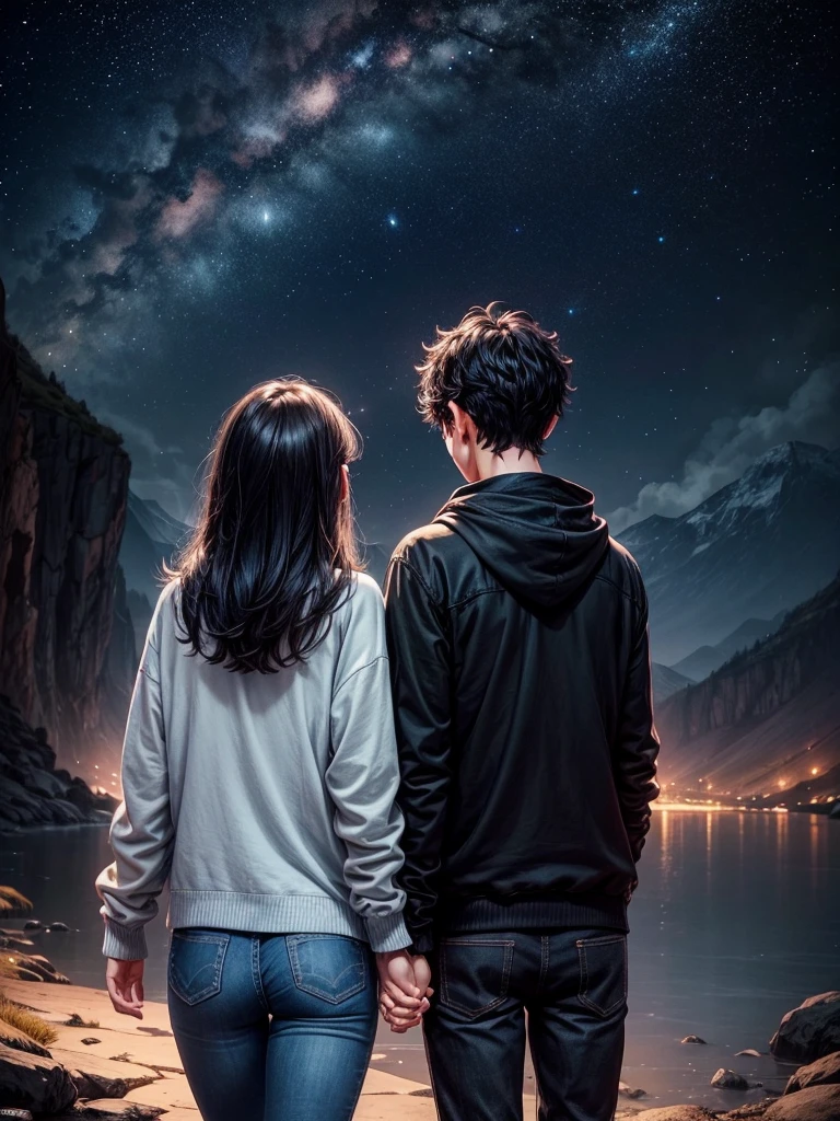 A night fantasy landscape where a couple has their backs turned, holding hands dressed in black jeans and sweatshirts, The boy has black hair and the girl has dark brown hair., both are looking at the beautiful night sky, where the stars and lights form the following text inside a heart: "A&D"