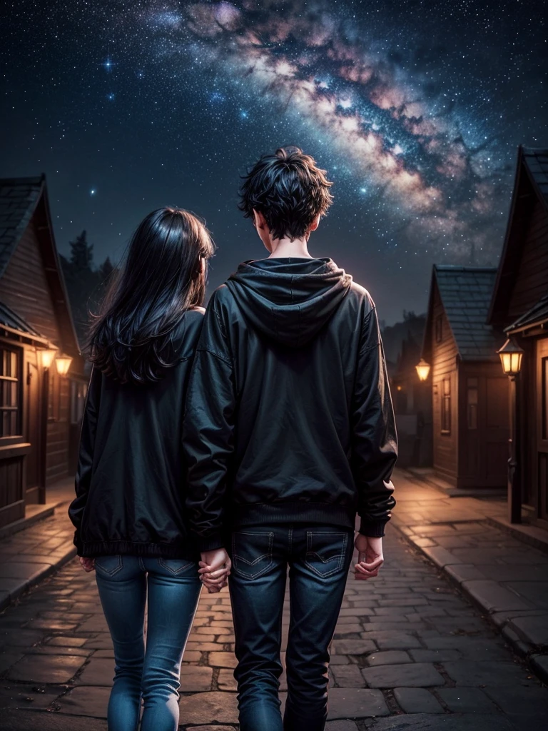 A night fantasy landscape where a couple has their backs turned, holding hands dressed in black jeans and sweatshirts, The boy has black hair and the girl has dark brown hair., both are looking at the beautiful night sky, where the stars and lights form the following text inside a heart: "A&D"