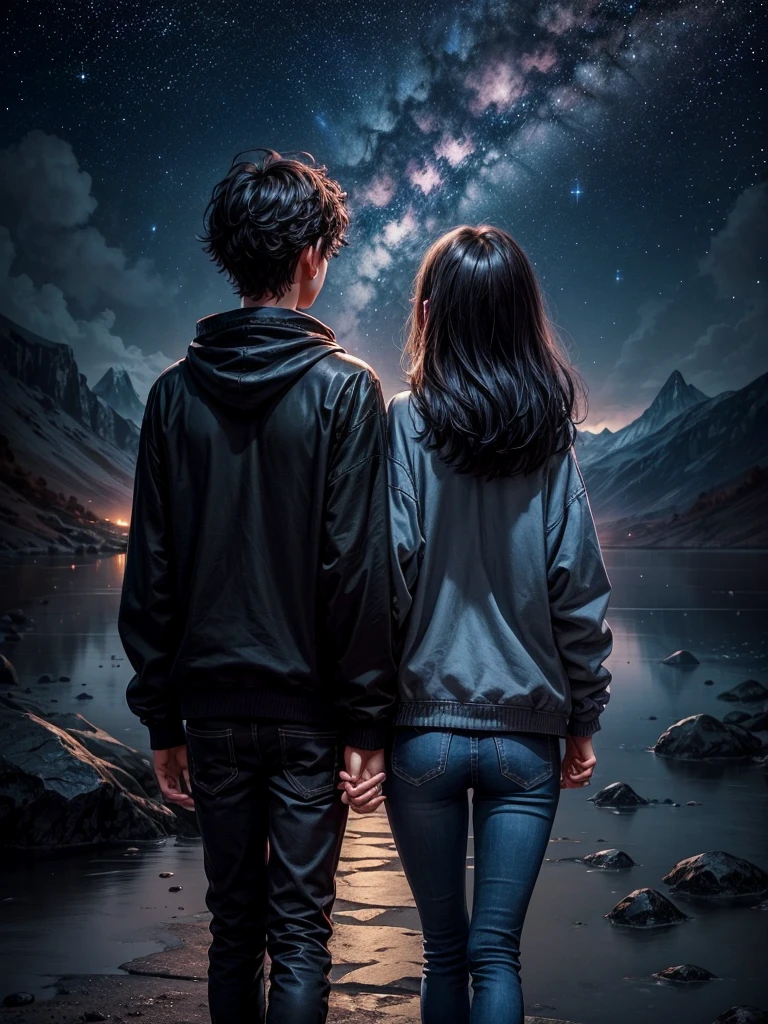 A night fantasy landscape where a couple has their backs turned, holding hands dressed in black jeans and sweatshirts, The boy has black hair and the girl has dark brown hair., both are looking at the beautiful night sky, where the stars and lights form the following text inside a heart: "A&D"