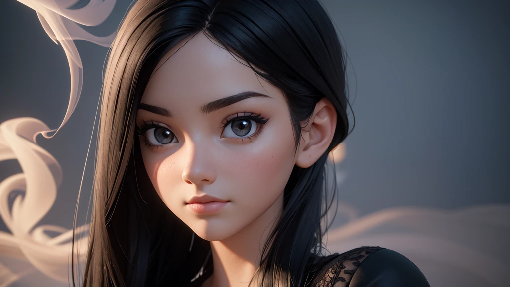 (masterpiece),((High quality)),(best beautiful:1.2),(work of art),((3D stereoscopic face)),8k resolution, (Disney-style), modern girl with a neutral face expression, close-up shot, directly facing the camera, straight long black hair, no blush, wearing a sleek black lace top, standing on a modern stage, looking directly at the camera, her entire body facing the camera, the background is blurry and mysterious, illuminated by light, neutral expression, artistic design, three dimensional, close-up view, ((The side is full of smoke)),
