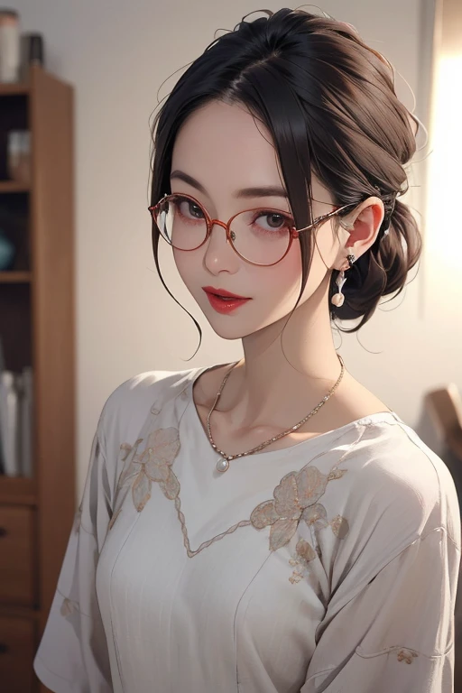 Beautiful and mature 55 year old Japanese woman, 1 female, Married women, Long eyelashes, Low Ponytail, Flowing Hair, Open your mouth a little, Red lipstick, Rosy Cheeks, Pearl Necklace, Earrings, Dark eyeshadow, Wearing glasses, Small breasts, leotard, (Highest quality,4K,8k,High resolution,masterpiece:1.2),Very detailed,(Realistic,photoRealistic,photo-Realistic:1.37),High resolution,超High resolution,Studio Lighting,Ultra-fine painting,Sharp focus,Physically Based Rendering,Very detailed説明,Professional,Vibrant colors,Bokeh,Portraiture