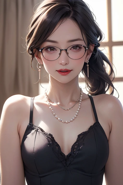 Beautiful and mature 55 year old Japanese woman, 1 female, Married women, Long eyelashes, Low Ponytail, Flowing Hair, Open your mouth a little, Red lipstick, Rosy Cheeks, Pearl Necklace, Earrings, Dark eyeshadow, Wearing glasses, Small breasts, leotard, (Highest quality,4K,8k,High resolution,masterpiece:1.2),Very detailed,(Realistic,photoRealistic,photo-Realistic:1.37),High resolution,超High resolution,Studio Lighting,Ultra-fine painting,Sharp focus,Physically Based Rendering,Very detailed説明,Professional,Vibrant colors,Bokeh,Portraiture