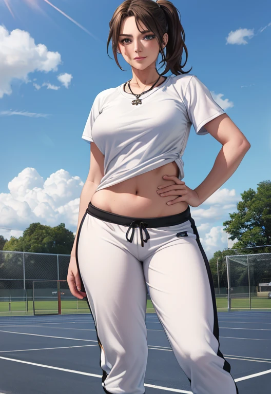 Masterpiece, high resolution, high quality, intricate details, anime girl, full body portrait, front view, 1girl, solo, 36 year old woman, attractive woman, mature face, mature beauty, brown hair, short ponytail, blue eyes, athletic body, medium breasts, curvy hips, arrogant smile, ((Wearing: White Gym T-shirt, Black Gym sweat pants, whistle necklace and black tennis shoes)), standing, hands on hips, looking at viewer, (Background: outdoors,  school track field, blue sky, clouds in the sky),
