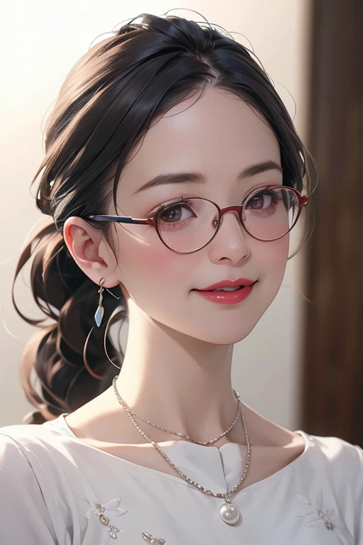 Beautiful and mature 55 year old Japanese woman, 1 female, Married women, Long eyelashes, Low Ponytail, Flowing Hair, Open your mouth a little, Red lipstick, Rosy Cheeks, Pearl Necklace, Earrings, Dark eyeshadow, Wearing glasses, Small breasts, White leotard, (Highest quality,4K,8k,High resolution,masterpiece:1.2),Very detailed,(Realistic,photoRealistic,photo-Realistic:1.37),High resolution,超High resolution,Studio Lighting,Ultra-fine painting,Sharp focus,Physically Based Rendering,Very detailed説明,Professional,Vibrant colors,Bokeh,Portraiture