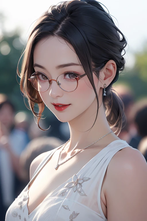Beautiful and mature 55 year old Japanese woman, 1 female, Married women, Long eyelashes, Low Ponytail, Flowing Hair, Open your mouth a little, Red lipstick, Rosy Cheeks, Pearl Necklace, Earrings, Dark eyeshadow, Wearing glasses, Small breasts, White leotard, (Highest quality,4K,8k,High resolution,masterpiece:1.2),Very detailed,(Realistic,photoRealistic,photo-Realistic:1.37),High resolution,超High resolution,Studio Lighting,Ultra-fine painting,Sharp focus,Physically Based Rendering,Very detailed説明,Professional,Vibrant colors,Bokeh,Portraiture