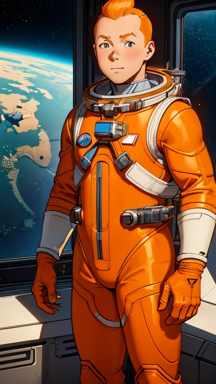 (Teens:1boy: Tintin), (extremely detailed CG unit 8k wallpaper),(master part), (best quality), (ultra detali), (best illustration),(spaceship), cowboy shot, (Sharp eyeliner, ombre, detailed eyes:1),Dark space station indoors background, ,break , (astronaut in an orange space suit), upper body, short hair, orange hair