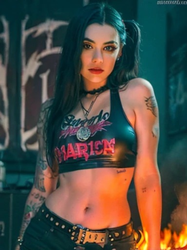 best qualityer, work of art, ultra-high resolution, cinematic lighting, 1 girl, Harley Quinn, alone, in front of an abstract fire, Colorful tattooed full arm, Face pretty , em pose sexy e quente, chain details, Brazilian athletic hot body, sensual position, big-ass, heavy metal style, fot, heavy metal art style, concerto de heavy metal. realisitic, datailed, face detailed, 4K. abstract background. 