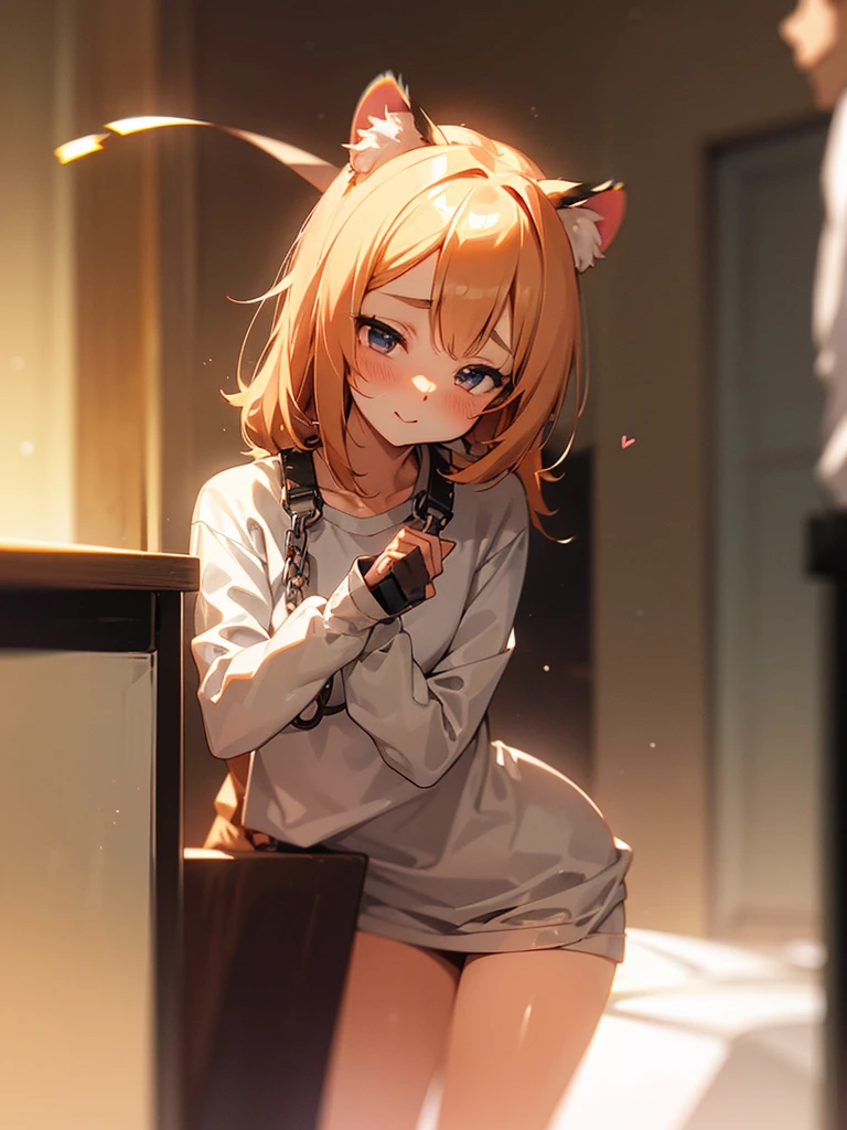 (Sumilux f1.4 50mm , low Latitude old color negative film , cross process , bokeh, flare, chromatic aberration , soft focus, (Shallow focus) , soft glow , Maximum aperture, low Key , Transparent depiction) , hentai comic style , kawaii coquettish tomboyish tiger girl , (wide open shackle clothes) , In the messy dirty cage , heart is beating fast with anticipation , lovey-dovey Estrus pet
