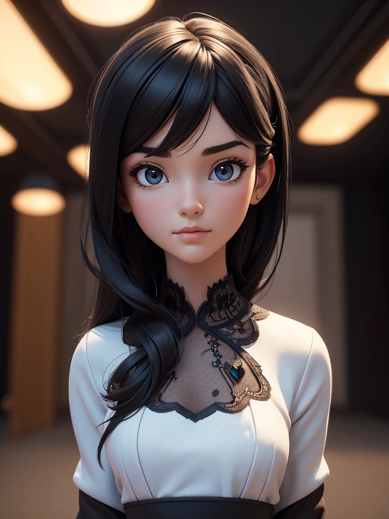 （masterpiece),((High quality)),(best beautiful:1.2),(work of art),((3D stereoscopic face)),8k resolution, (Disney-style), modern girl with a neutral face expression, close-up shot, directly facing the camera, straight long black hair, no blush, wearing a sleek black lace top, standing on a modern stage, looking directly at the camera, her entire body facing the camera, the background is blurry and mysterious, illuminated by light, neutral expression, artistic design, three dimensional, close-up view, 