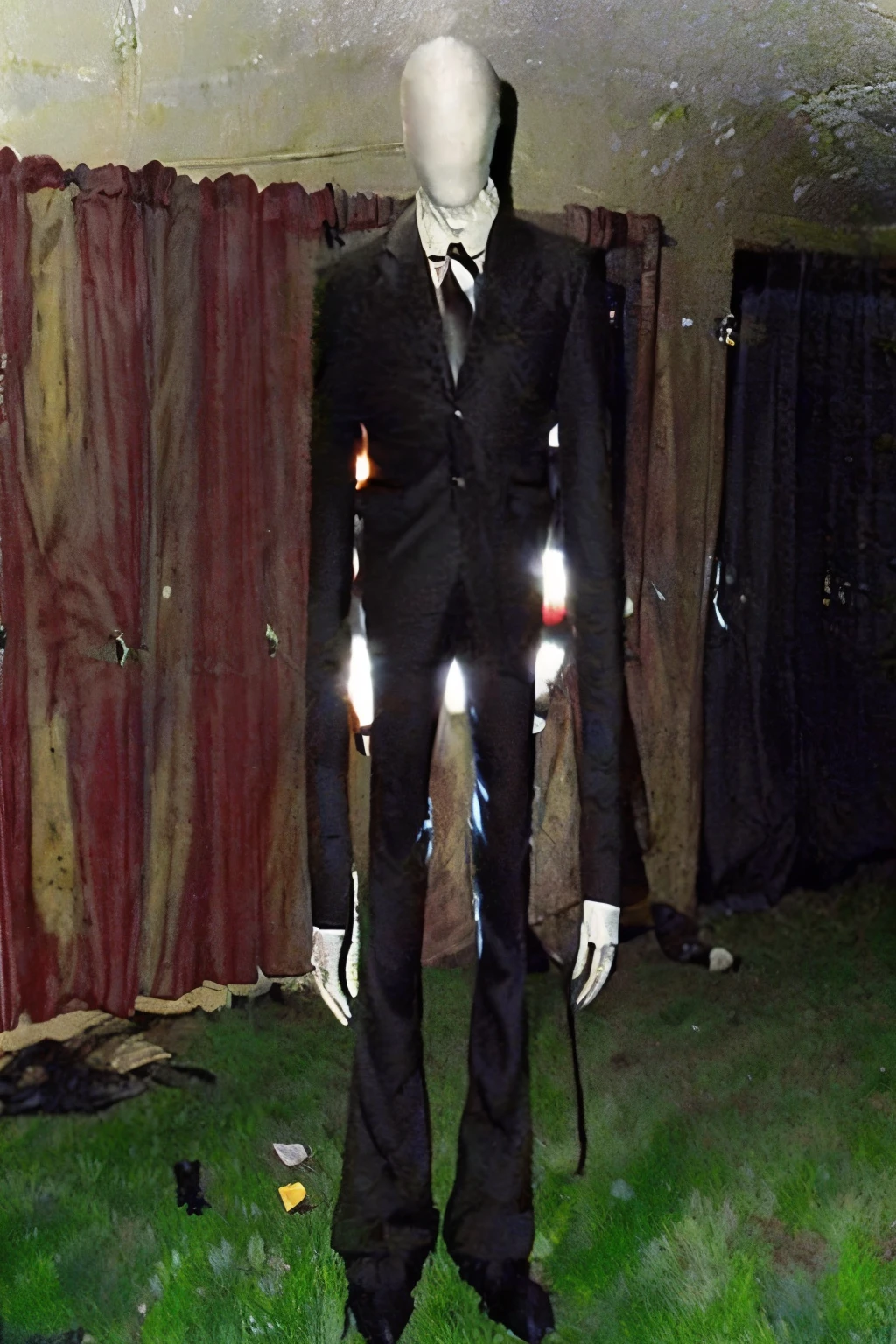 Realistic depiction of Slenderman, creepy, horrifying, scary, Lovecraftian, outside, on a grassy hill