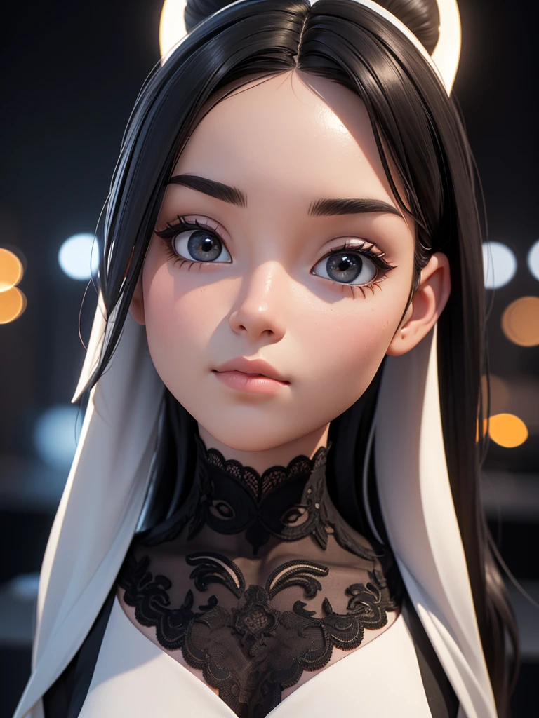 (masterpiece),((High quality)),(best beautiful:1.2),(work of art),((3D stereoscopic face)),8k resolution, (Disney-style), modern girl with a neutral face expression, close-up shot, directly facing the camera, straight long black hair, no blush, wearing a sleek black lace top, standing on a modern stage, looking directly at the camera, her entire body facing the camera, the background is blurry and mysterious, illuminated by light, neutral expression, artistic design, three dimensional, close-up view,