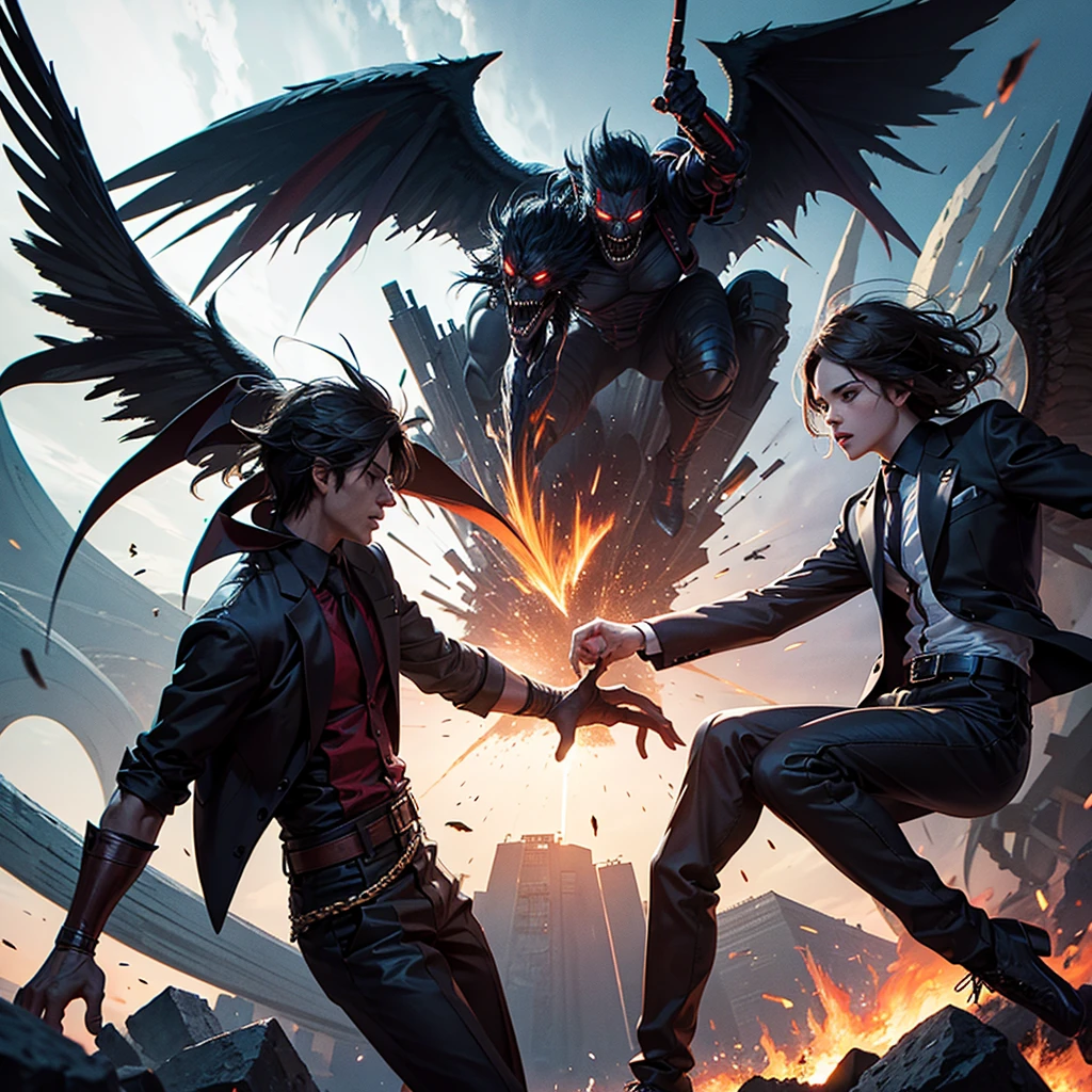 Demon in a dark suit fighting an angel in a suit 