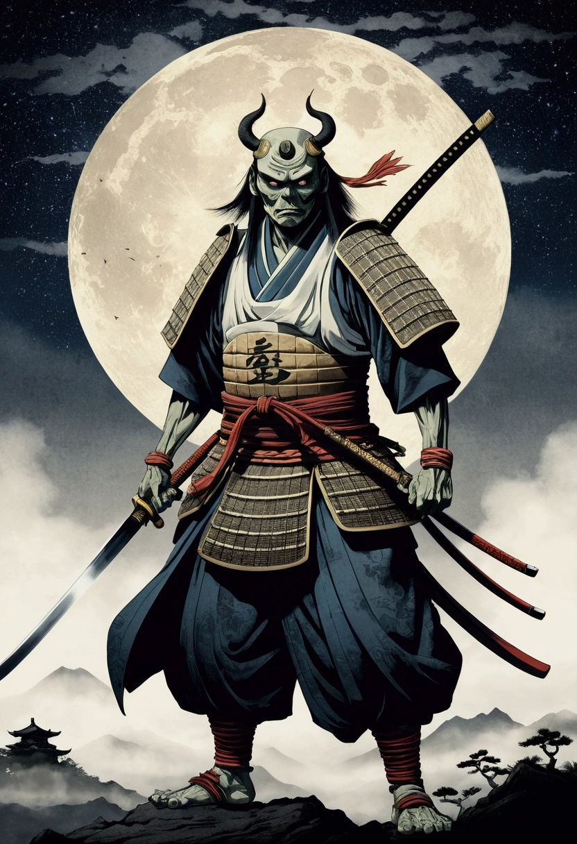 Drawing of a zombie samurai with a sword, Starry skies and mist envelop the scenery.Sharaku, prominently and large in the center of the image, with no background, surrounded by faint Japanese-style effects and decorations, ancient warrior ghost, wearing tattered samurai armor, face marked with deep wrinkles and shadows of fatigue,  horor, ukiyo-e, suiboku, male, tragic, Japanese, tired, Pale, near death, fallen warrior, weak, emaciated, scary, Japanese-style, armor, warrior, ukiyo-e style, Yokai art emphasized, Yokai, ghost, "man," old-fashioned, vibrant colors emphasized, fallen warrior prominently highlighted, main character enlarged and focused, ghostly appearance, resembling a gashadokuro, stron
dark*5,school ,sole, 
