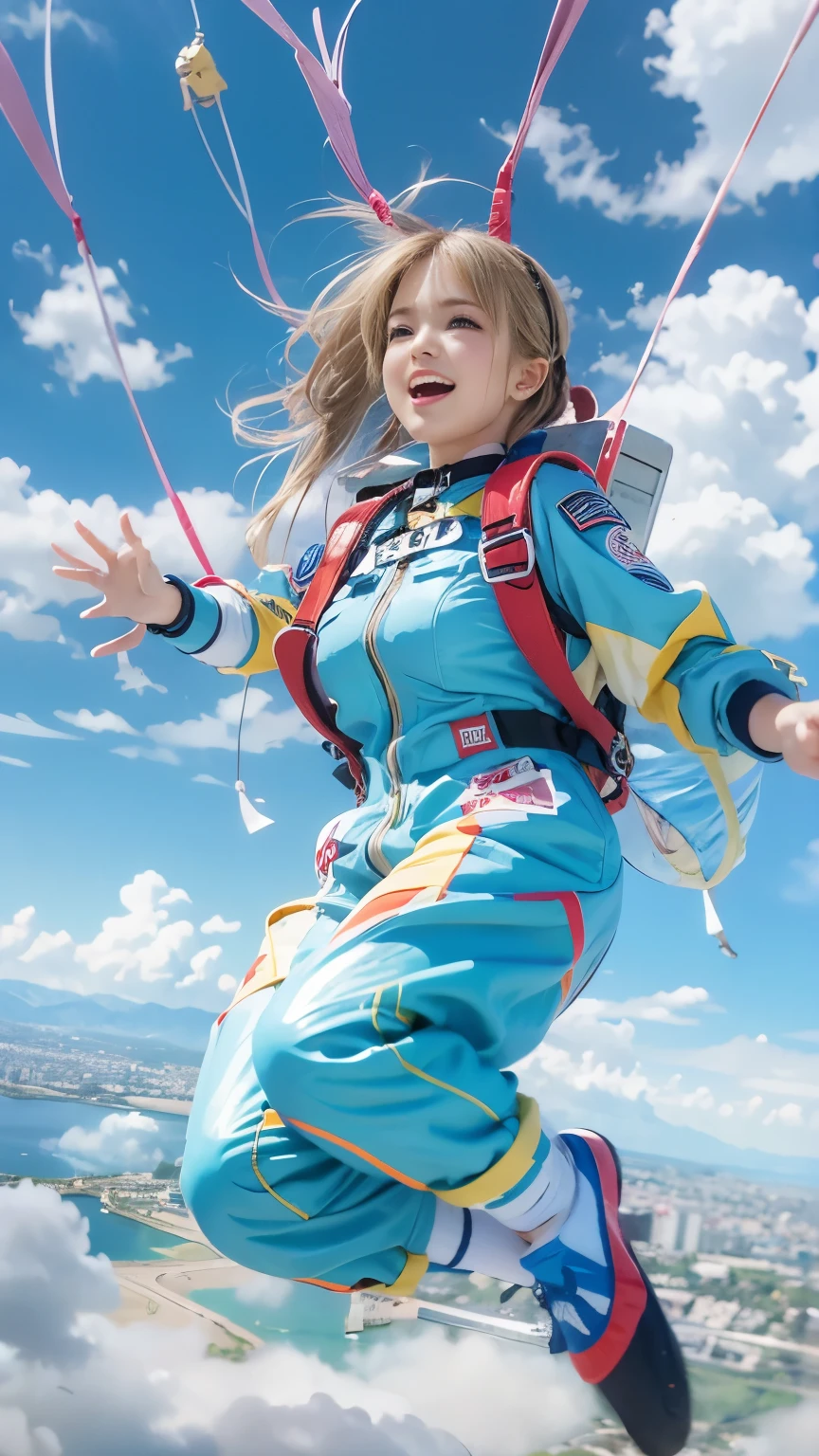 Tears of joy, (Fancy jumpsuit, sky diving), (blue sky, Aerial swimming, Jumping out of the plane:1.5), Background is the moon sky, doaxvv_Marie Rose, 1girl, big bouncing busts. black choker, uhd, retina, masterpiece, ccurate, anatomically correct, textured skin, super detail, high details, high quality, best quality, highres, 4K