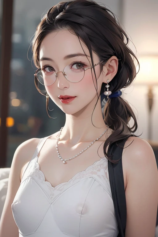 Beautiful and mature 55 year old Japanese woman, 1 female, Married women, Long eyelashes, Low Ponytail, Flowing Hair, Open your mouth a little, Red lipstick, Rosy Cheeks, Pearl Necklace, Earrings, Dark eyeshadow, Wearing glasses, Small breasts, Nipples, (White leotard), Focus on the whole body, (Highest quality,4K,8k,High resolution,masterpiece:1.2),Very detailed,(Realistic,photoRealistic,photo-Realistic:1.37),High resolution,超High resolution,Studio Lighting,Ultra-fine painting,Sharp focus,Physically Based Rendering,Very detailed説明,Professional,Vibrant colors,Bokeh,Portraiture
