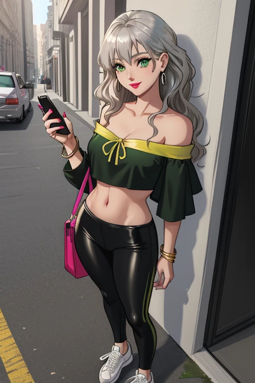 beautiful mature 36 year old woman, standing at approximately 5'1" tall, has long blonde hair, wavy hair, has tan-olive skin, light green eyes, has a beautiful smile, ((slim, petite)), her breasts are C-cup, (Is wearing a yellow off-shoulder top, glossy black leggings, emerald earrings, silver bracelets and white sneakers), is wearing pink makeup, is wearing red lipstick, she's holding a cell phone, masterpiece, high contrast, digital art trending on Artstation 8k HD high definition detailed realistic
