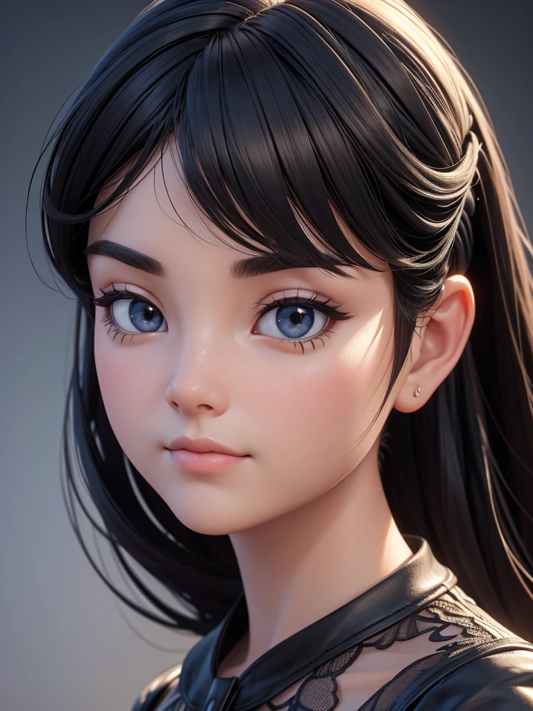 (masterpiece),((High quality)),(best beautiful:1.2),(work of art),((3D stereoscopic face)),8k resolution, (Disney-style), modern girl with a neutral face expression, close-up shot, directly facing the camera, straight long black hair, no blush, wearing a sleek black lace top, standing on a modern stage, looking directly at the camera, her entire body facing the camera, the background is blurry and mysterious, illuminated by light, neutral expression, artistic design, three dimensional, close-up view,