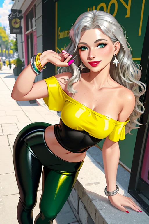 beautiful mature 36 year old woman, standing at approximately 5'1" tall, has long blonde hair, wavy hair, has tan-olive skin, light green eyes, has a beautiful smile, ((slim, petite)), her breasts are C-cup, (Is wearing a yellow off-shoulder top, glossy black leggings, emerald earrings, silver bracelets and white sneakers), is wearing pink makeup, is wearing red lipstick, she's holding a cell phone, masterpiece, high contrast, digital art trending on Artstation 8k HD high definition detailed realistic
