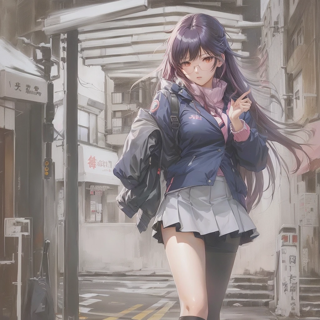 Anime girl walking down the street in a short skirt and jacket, misato katsuragi, artwork in the style of Gwaiz, inspired Burning, Burning, Anime Moe Art Style, mirai nikki, Beautiful anime school girl, Gwaiz, City Girl Fan Art, inspired by Munakata Shikō, Smooth anime CG art