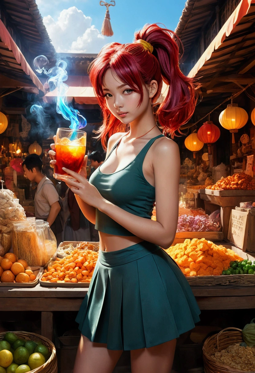 anime manga in 4D vivid colors high quality sombria art sexy Madara + Bulma DBZ fênix Portrait front view of a girl standing in a mystical marketplace with gold red hair in a flowing ponytail in a dynamic pose she is holding a glass of bubbling potion out to the view black eye in the background are busy vendors and magical light and smoke from the various market stalls anime style intricate detailed bright colors fantasy concept art digital art intricate oil on canvas