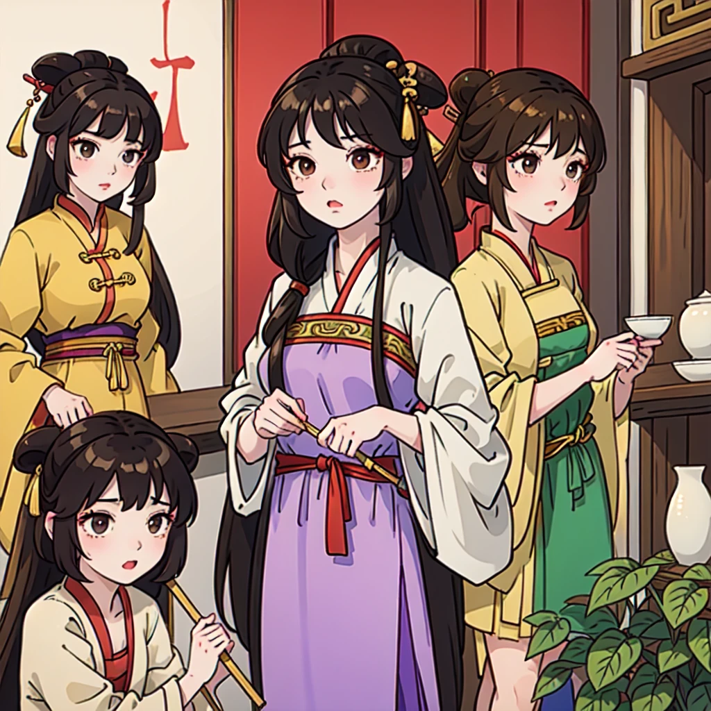 ( Best Quality, ancient china, Two Girl, pastel yellow chinese long dress), 1 girl; long hair tied in two tomatoes, Brown hair , purple eyes. 2; short loose black hair, gold eyes
