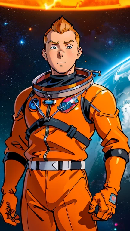 (Teens:1boy: Tintin), (extremely detailed CG unit 8k wallpaper),(master part), (best quality), (ultra detali), (best illustration),(Ringo! Style), cowboy shot, (Sharp eyeliner, ombre, detailed eyes:1),Dark space station indoors background, ,break , (astronaut in an orange space suit), upper body, short hair, orange hair