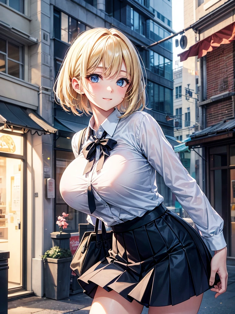 Anime style, super fine illustration, highly detailed, beautiful detailed, pale tone image, static representation, gentle expression, 8k, pretty 1girl with blonde straight short hair & blue eyes & a bright smile & huge breasts & soft fair skin is wearing a white business shirt & black tigft skirt & a business 1bag on the business building street, in the morning, brilliant particles of lights, romantic stories, solo, perfect fingers, perfect arms, perfect legs, masterpiece.