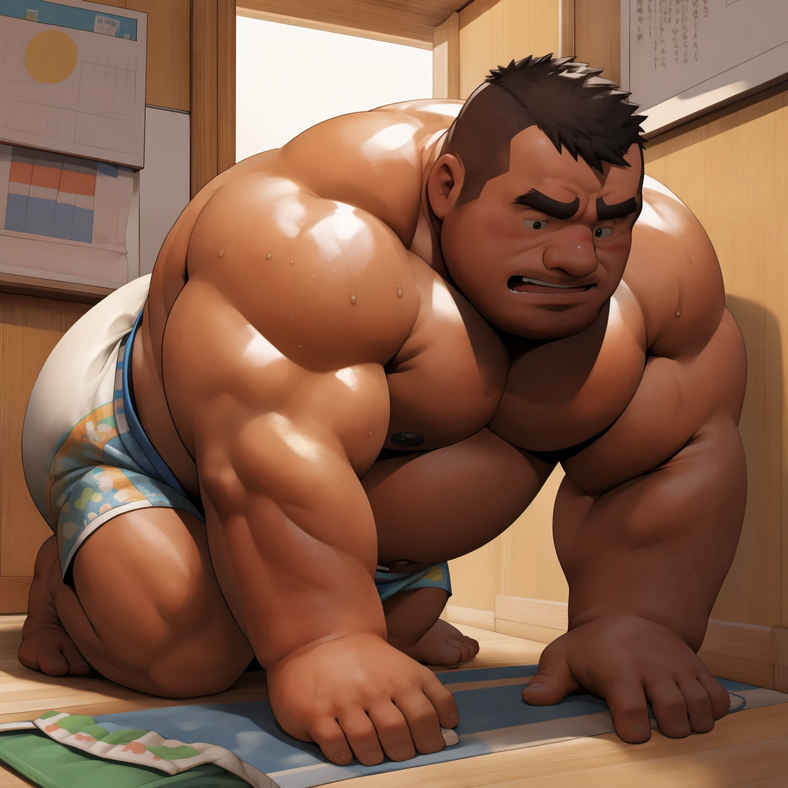 masterpiece, Top quality, in 32K, perfect anatomy, hyper detailed, super fine illustration, The thick man is a brutal prisoner, retarded, hairy human, 50yo in Japan, (fatness: 1.0), Fatty muscle, Bowleg, disappointment, incontinent, be diaper check by children, waddle, There is a small puddle under him, incontinent, Naked, short legs, Bowleg, spread legs, wear a White cloth Diaper, Bare belly, Bare legs, Bare foots, Bare soles, Shirtless, wide forehead and short thinning hair, Man with round face with stubble, Bare foots, Bare soles, shy, sissy, Weaker than children, Drool, Round face, steams, Solo, He enters nursery school and is despised by children, He surrounded by children, His bottom is wet, Bare foots, big butt, he is scolded by the children, White Diaper, He surrounded by children, sobbing, wear a White cloth Diaper, shirtless, There is a small puddle under him, He enters nursery school and is despised by children, big butt, sobbing, He crawling to go to children, on all fours, side view