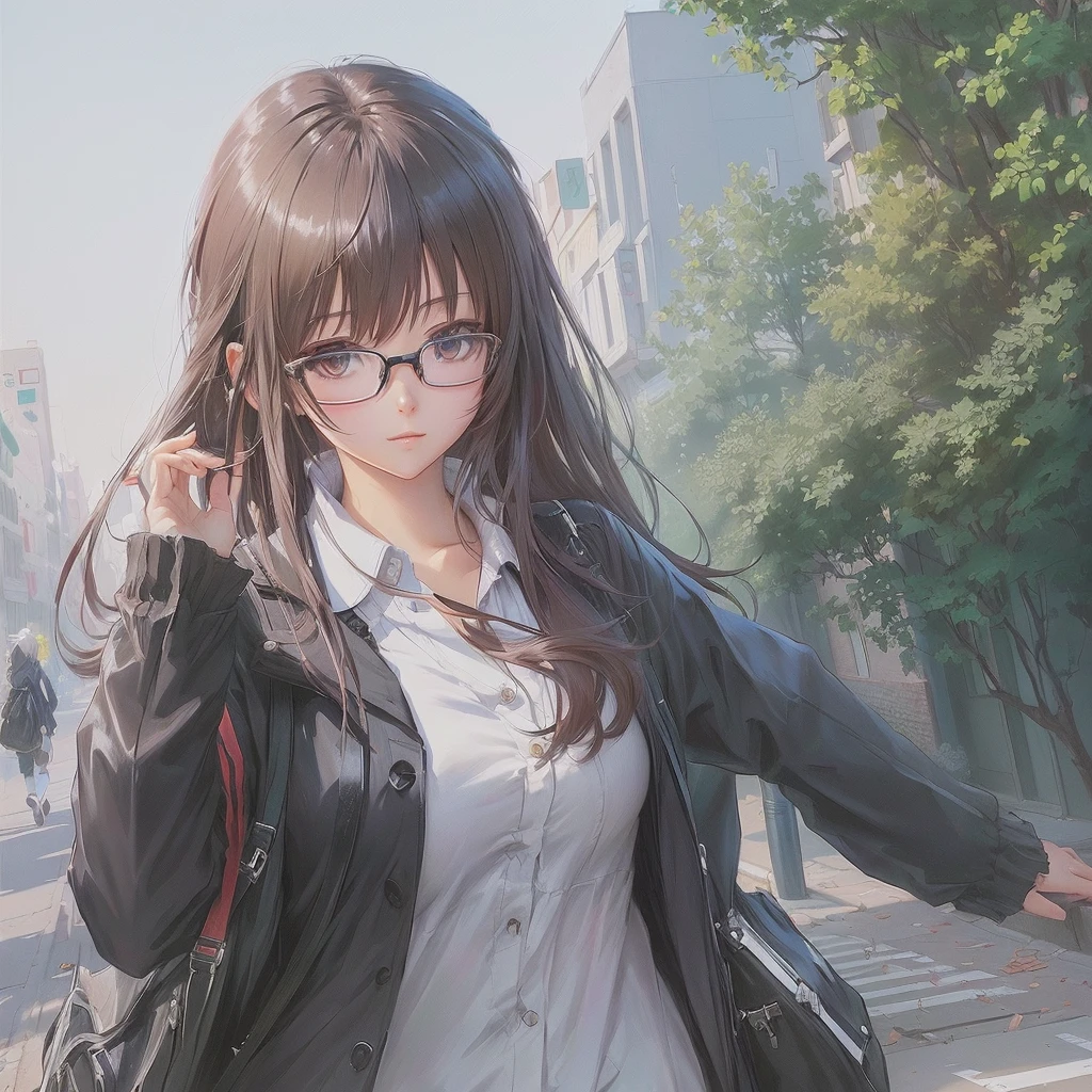 anime girl Wearing glasses walking down a street in a city, Smooth anime CG art, Painted in an anime artist&#39;s studio, Wearing glasses, Gwaiz, artwork in the style of Gwaiz, Created by Anime Painter Studio, Makoto Shinkai. Digital Rendering, Zerochan Art, Anime Girl Portrait, Realistic anime art style, Anime Girl Portrait, Soft anime illustration