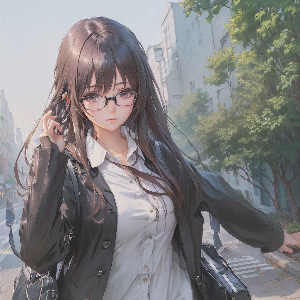 anime girl Wearing glasses walking down a street in a city, Smooth anime CG art, Painted in an anime artist's studio, Wearing glasses, Gwaiz, artwork in the style of Gwaiz, Created by Anime Painter Studio, Makoto Shinkai. Digital Rendering, Zerochan Art, Anime Girl Portrait, Realistic anime art style, Anime Girl Portrait, Soft anime illustration