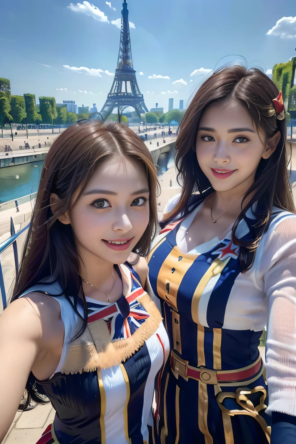(((Women supporting the Paris Olympics:1.3))),(((Paris cityscape))),(((Eiffel Tower in the background))),(((British flag themed costume:1.3))),((smile:1.3))),(Union Flag),(masterpiece,Highest quality,Ultra-high resolution output images,Write Boundary Depth,Intricate details,Add depth to your subject with contrast between light and shadow,Anatomically correct facial structure),(Picture Mode Ultra HD,)