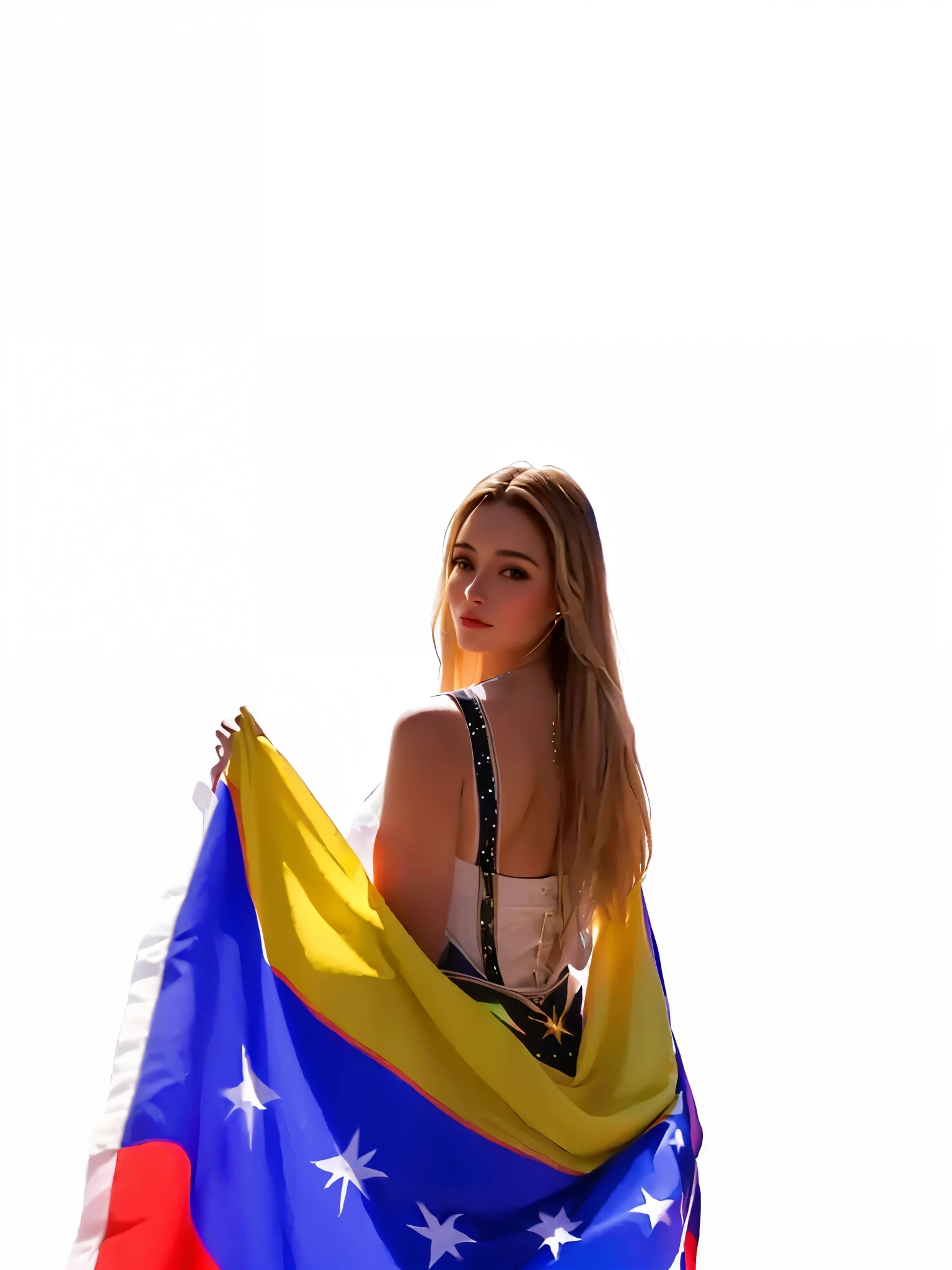 woman holding a flag with stars on it in front of a white sky, colombian, GIF, 🇺🇦, Bosnia, cl, colombia, no text, Digital art. @mariomaniacdude, very very low quality image, meme template, nodded, render of mirabel madrigal, 'White background'!!!, undulation, flag