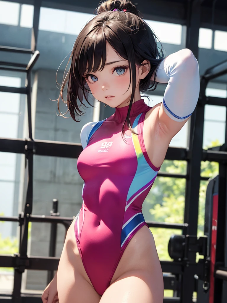 Realistic，-yeld giWearing a leotard，Gymnast，Gymnastics arena，笑face，face，Skin realism, Y-shaped balance