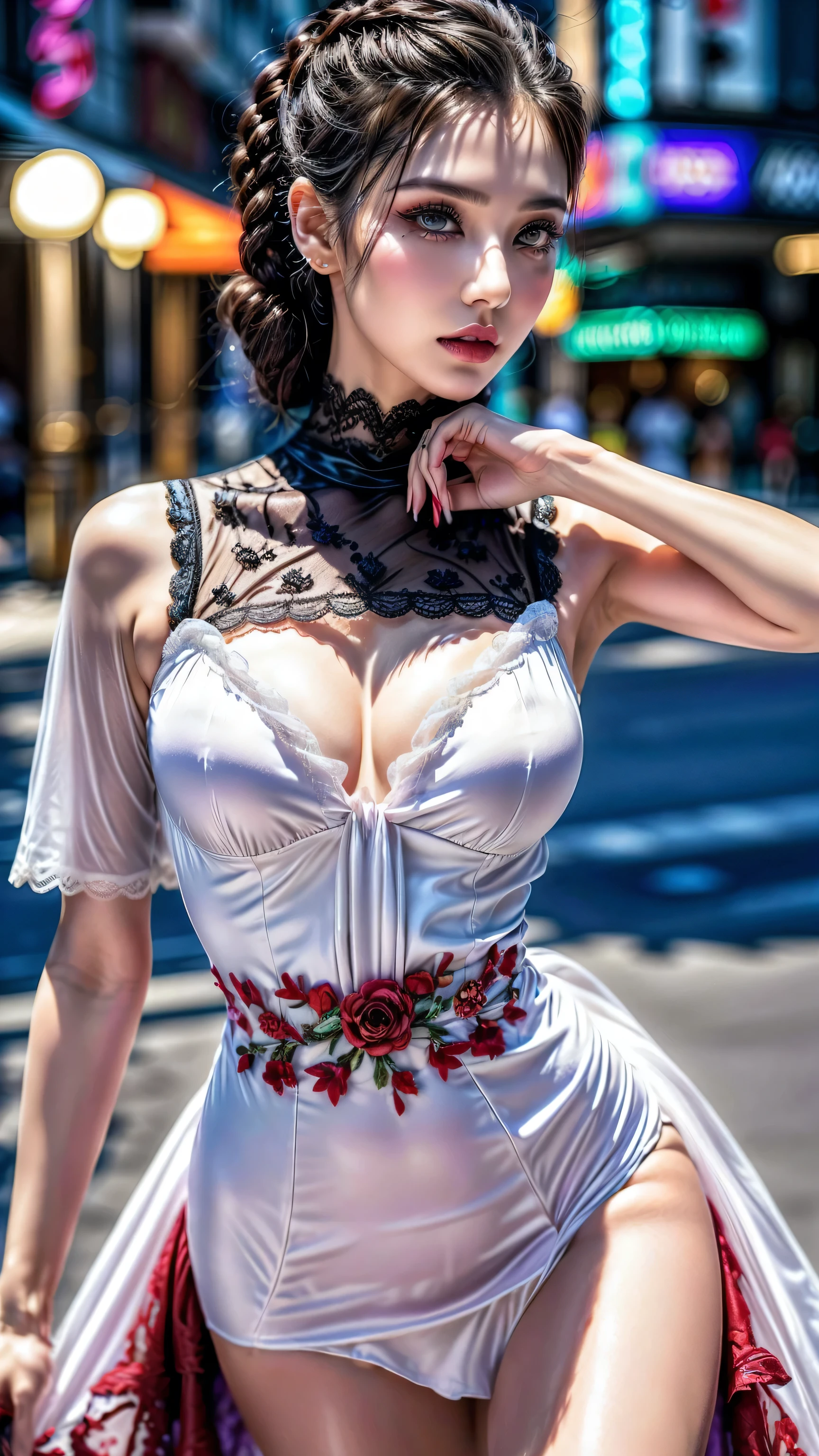 quality\((ultra high resolution)), ((An improvement of the most absurd quality:1.2)), ((photorealistic Realism 16K Quality)), vivid colors, (vivid colors, multicolor ((white, orange, ((ultraviolet)), black)) in her outfit:1.32), (ultra-fine digital art\), ((Realistic eyes clear, sharp, absurd quality, not blurry brown_eyes:1.3)), (super detailed professional makeup on eyes:1.3), (highest quality texture skin), (Highly quality texture hair), (curly hair, ((slicked to the two side)), intricately details:1.3), (perfect proportions), (narrow waist), medium ass,beautiful cheekbones,slim belly:1.2,(slim-muscled body:1.22), (firm and full breasts), ((super details beautiful face)), (pink_makeup:1.3), blue_eyelashes, (glossy red_lipstick:1.21), (perfect dark_eyeshadows:1.45), (super detailed professional makeup on eyes:1.2)., BREAK, (microscopic street outfit:1.22), (minimalist provocative styling outfit:1.25), ((highly elaborate extravagant microscopic street outfit:1.2), (minimalist provocative styling:1.26))\ White Dress (silk tight Dolce&Gabbana. Floral dress:1.2), elegant fashion intricately detailed:1.31), floral couture, (clothes made of silk and printed flower), (Wearing tight fitting dresses)), (black latex:1.28), ((latex bodysuit lace)), ((Intricate detailed multi-layer Dress lace with red flower fishnet:1.1)), ((white lace:1.33\)), BREAK, background\(((city night:1.3), (neon sign), (night)):1.2). Cinematic Light, (octane rendering, ray tracing), (((photo from head to knee:1.37))), (Proportions are based on a 7.5 head scale).