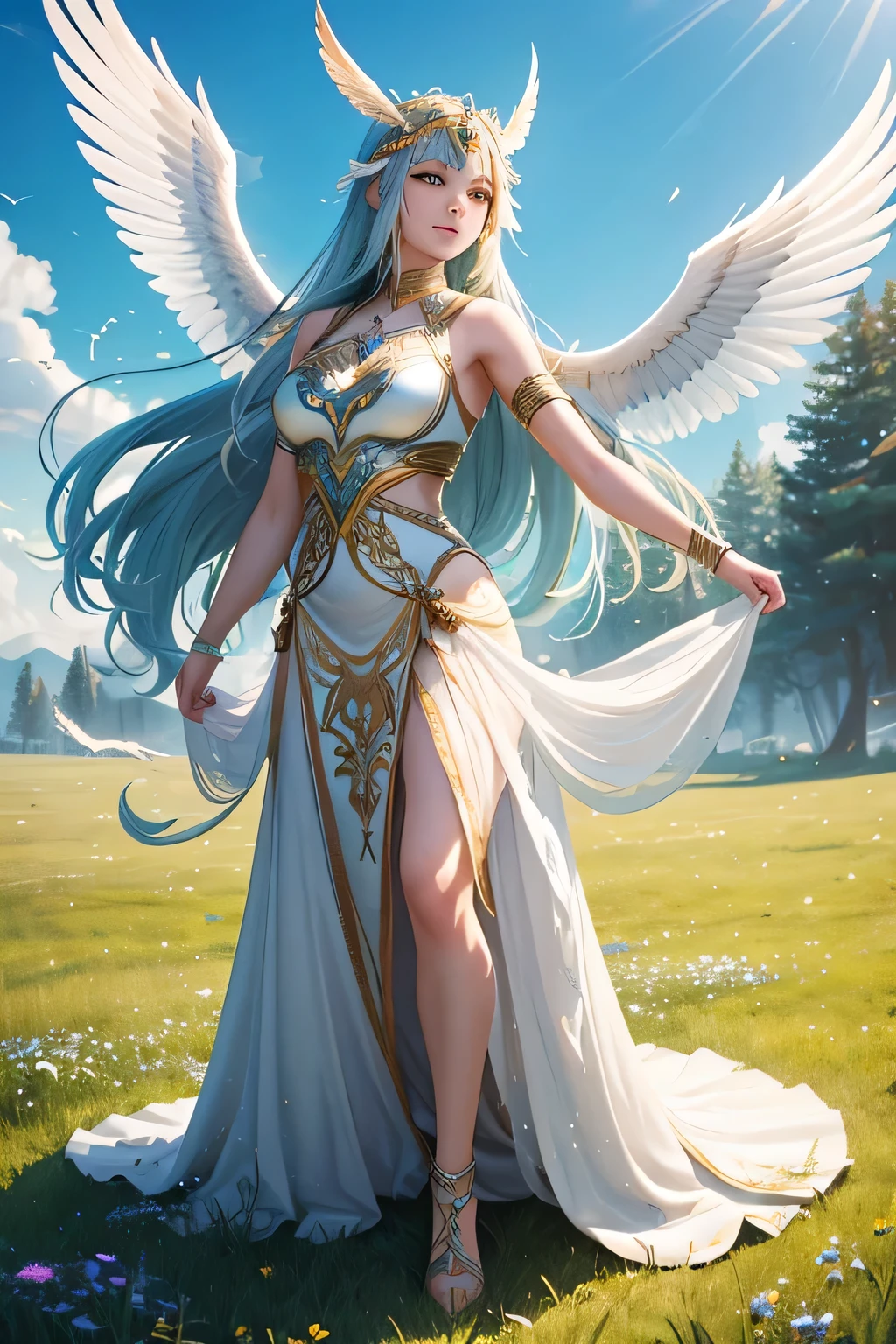 A beautiful Valkyrie stands in a serene meadow bathed in daylight, performing a solemn dance to honor and send the souls of her fallen comrades to the heavens. She is adorned in radiant, ethereal armor that glimmers in the sunlight, with intricate designs and flowing fabric that moves gracefully with her every motion. Her long, flowing hair cascades around her as she dances, and her wings are spread wide, catching the light and adding to the majestic scene. The background features a clear blue sky with a few wispy clouds and the lush green of the meadow dotted with wildflowers. The air is filled with a sense of peace and reverence as the Valkyrie’s dance bridges the earthly and the divine.
