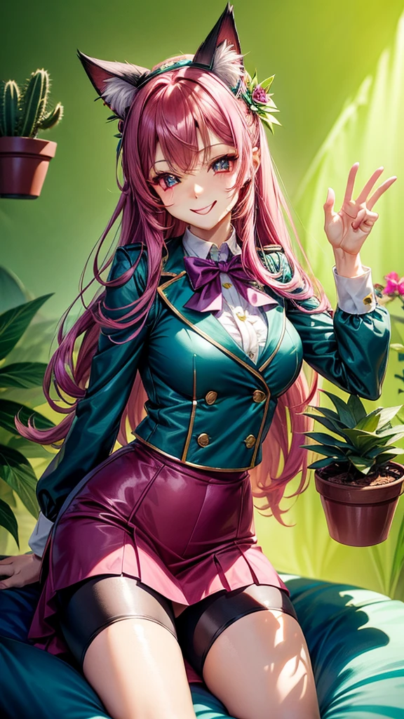 Magenta hair, hazel eyes, older woman, hair bows, cat ears, long hair, smiling face, sexy uniform outfit, teal and gold clothes, succulent plants background, plants background