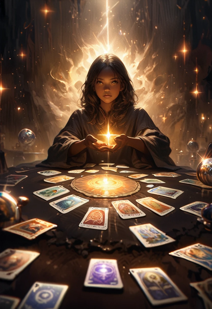 Impressionist paintings, Realistic, One girl, fortune teller, Tarot cards on the table, View your viewers, Dark Skin, Mysterious, Magic, Shine, Shineing, dark Magic lighting, Sulky, Cinematic, Shine, Sparkling, darkness