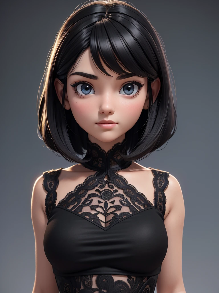 （masterpiece),((High quality)),(best beautiful:1.2),(work of art),((3D stereoscopic face)),8k resolution, (Disney-style), modern girl with a neutral face expression, close-up shot, directly facing the camera, straight long black hair, no blush, wearing a sleek black lace top, standing on a modern stage, looking directly at the camera, her entire body facing the camera, the background is blurry and mysterious, illuminated by light, neutral expression, artistic design, three dimensional, close-up view, 