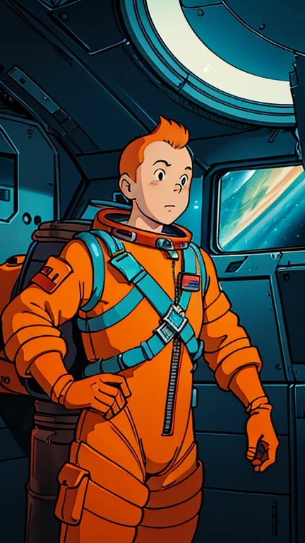 (s:1boy: Tintin), (extremely detailed CG unit 8k wallpaper),(master part), (best quality), (ultra detali), (best illustration),(ghibli style), cowboy shot, (Sharp eyeliner, ombre, detailed eyes:1),Dark midnight derelict spaceship interiors background, ,break , (astronaut in an orange space suit), upper body, short hair, orange hair