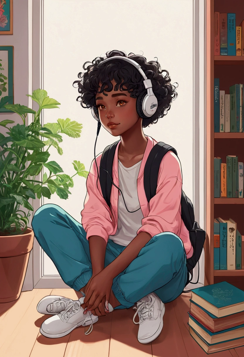 black girl with short curly hair using gaming headset. she is playing on her gaming PC. her room is cozy with lots of books and plants. she is wearing cat clothes, a drawing of a girl with headphones and a backpack walking down a hallway, lofi girl, Lofi Stylestyle, anime vibes, lofi portoRait, 🤤 portrait of , Anime digital illustration, anime artstyle, nodded, cute art style, lazy art style, anime styling, Detailed fanart, Lofi Style, anime styling, urban girl fanart
