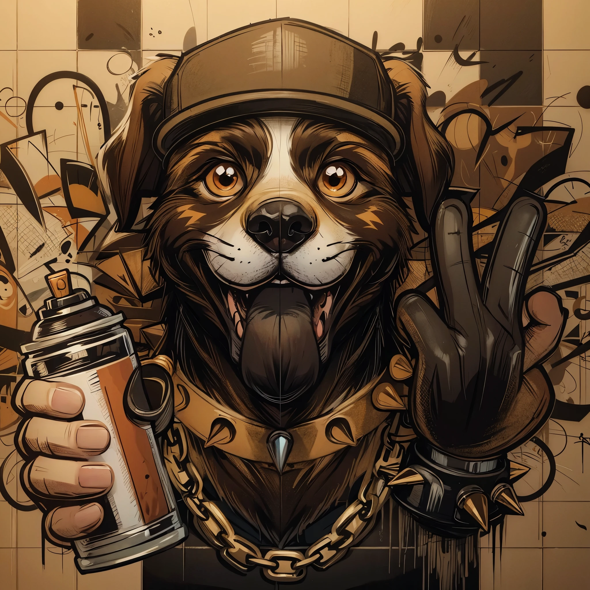 A pencil painting of a dog, brown eyes and hair,bone preto,colorful graffiti